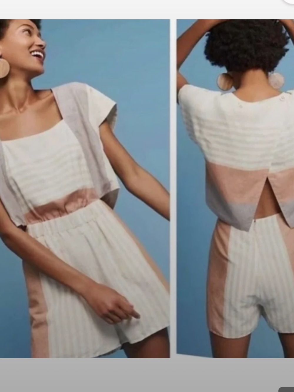 elevenses Cream and Blush Striped Linen Romper with Back Slit